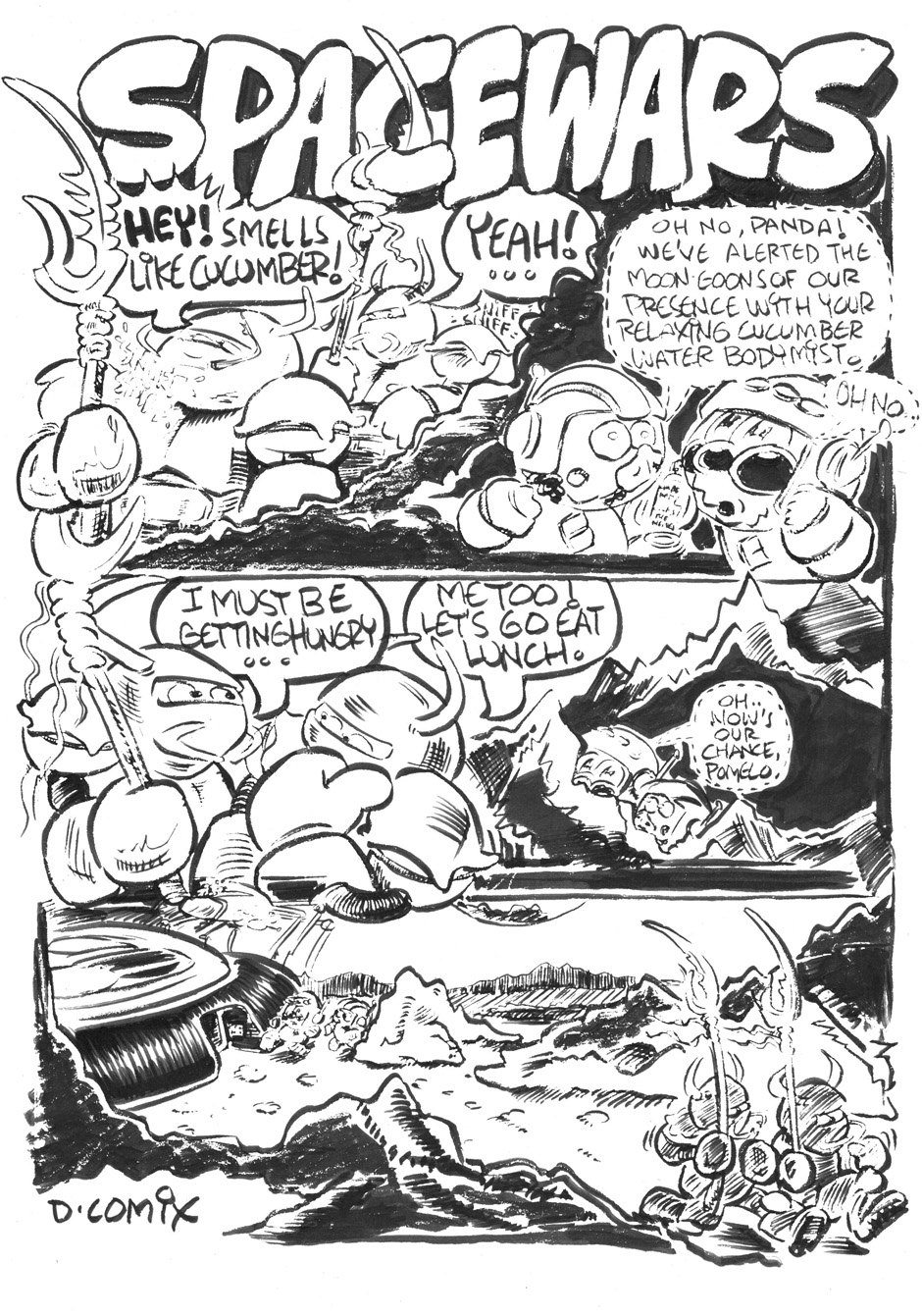 RUDE PANDA comic. SPACE WARS episode. Panda, Kenny and Pomelo are hidden behind some Moon rocks. They need to make a plan to save their friends. How will they get past those moon goons.