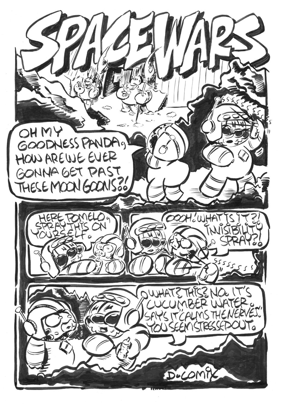 RUDE PANDA comic. SPACE WARS episode. Panda, Kenny and Pomelo are hidden behind some Moon rocks. They need to make a plan to save their friends. How will they get past those moon goons.
